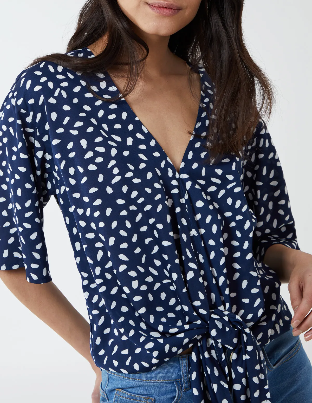 Abstract Spot Tie Front Batwing Top