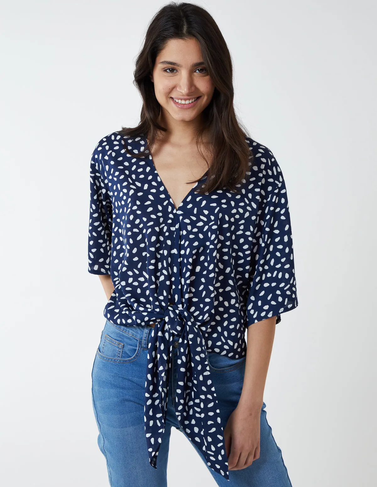 Abstract Spot Tie Front Batwing Top