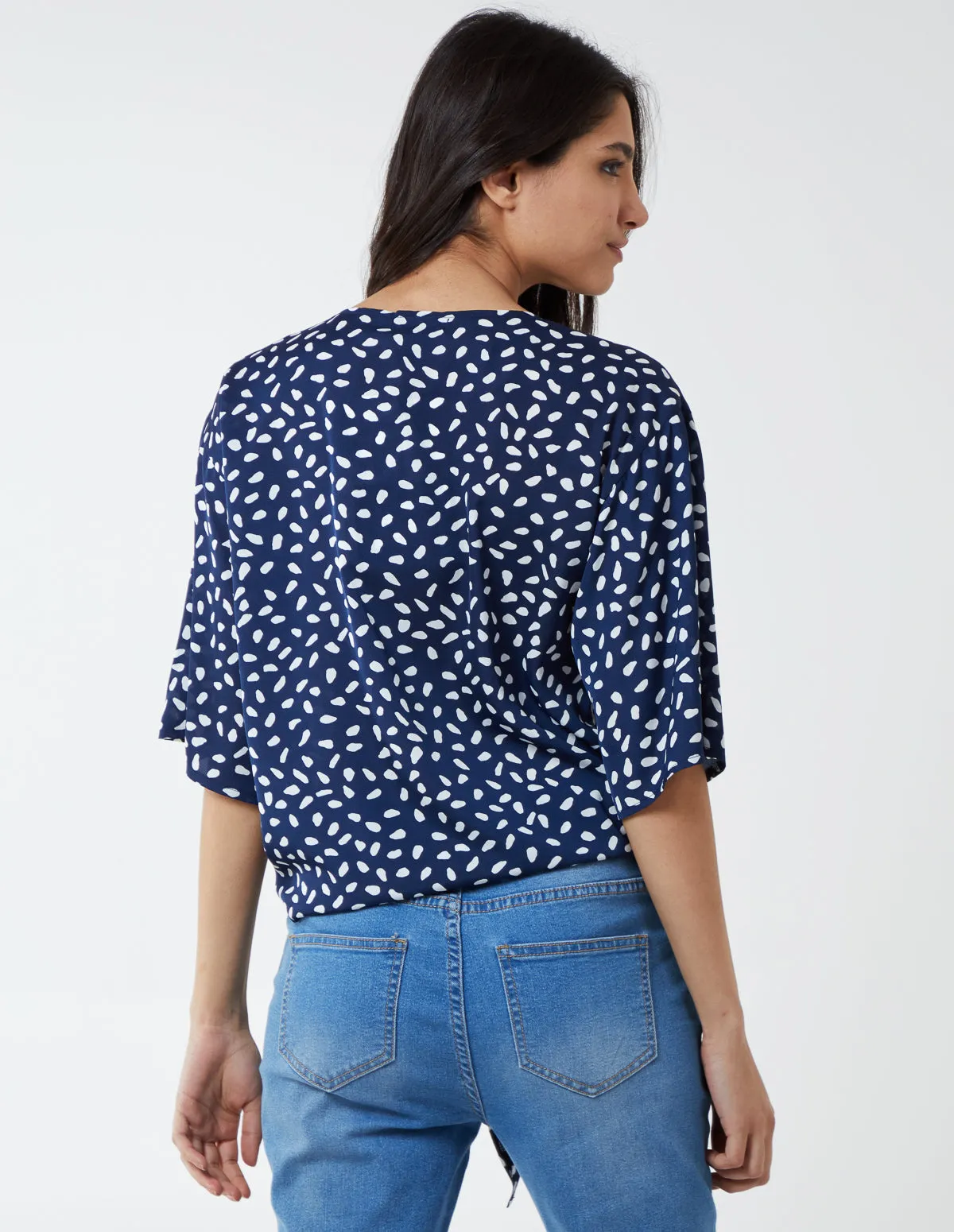 Abstract Spot Tie Front Batwing Top