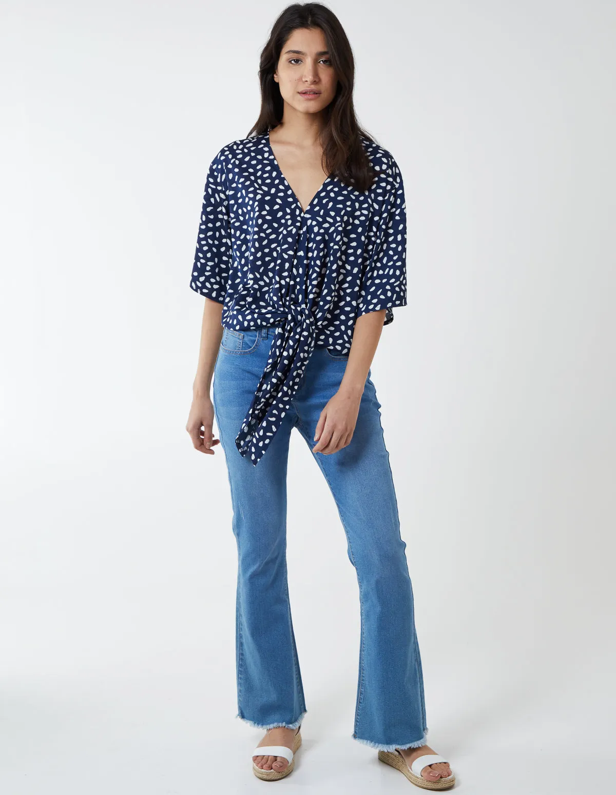 Abstract Spot Tie Front Batwing Top
