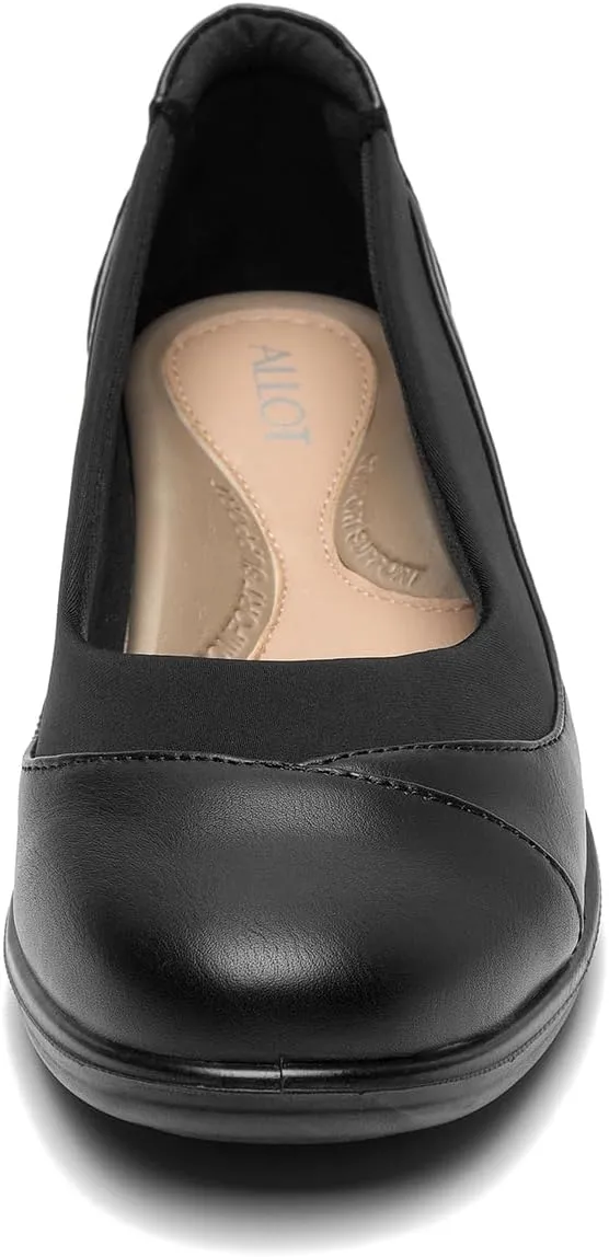 ALLOT Women's Low Heel Wedge Work Shoes Round Toe Slip-on Arch Support Comfortable Loafer Casual Office Business Flats Dress Pumps