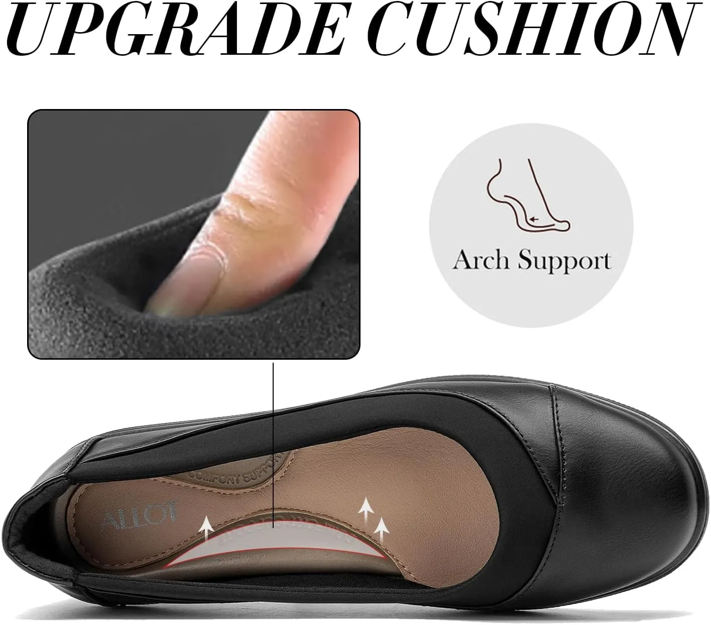 ALLOT Women's Low Heel Wedge Work Shoes Round Toe Slip-on Arch Support Comfortable Loafer Casual Office Business Flats Dress Pumps