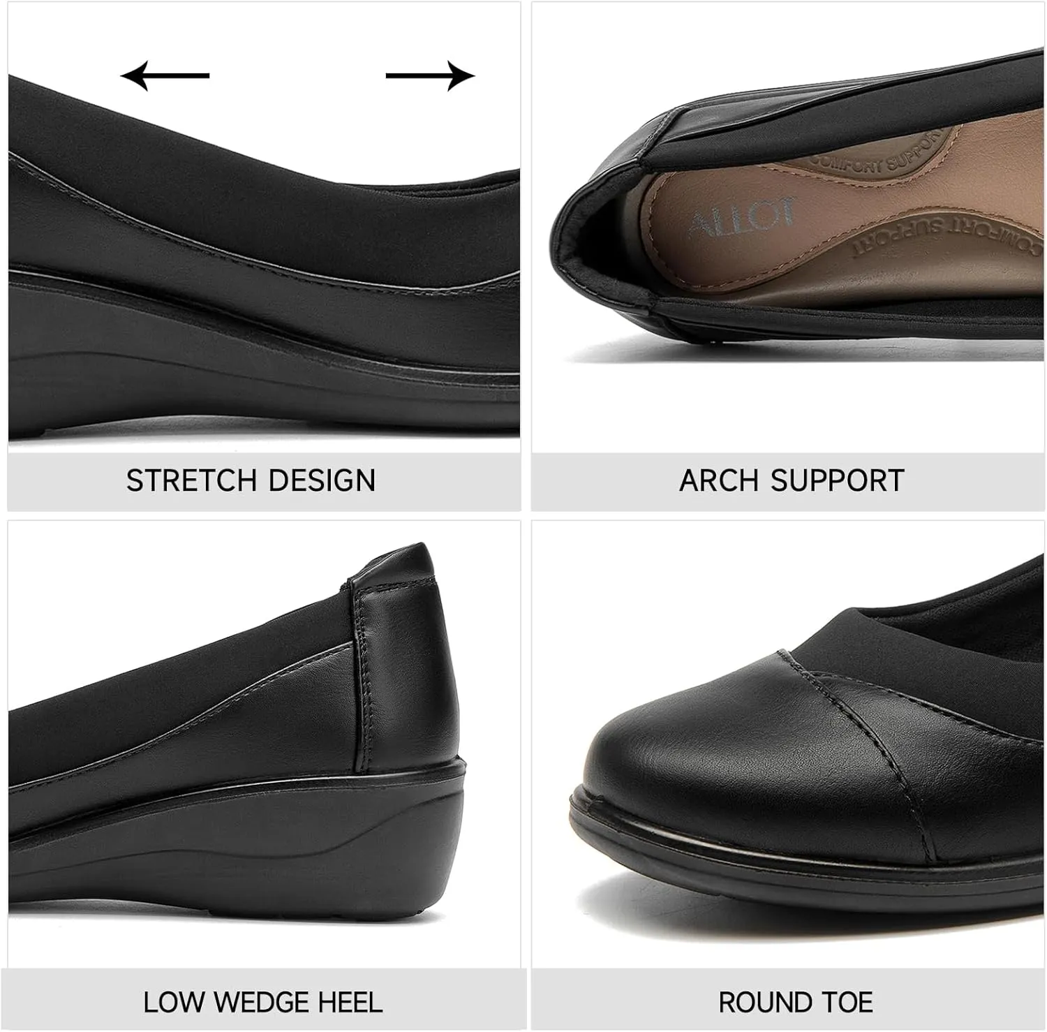 ALLOT Women's Low Heel Wedge Work Shoes Round Toe Slip-on Arch Support Comfortable Loafer Casual Office Business Flats Dress Pumps