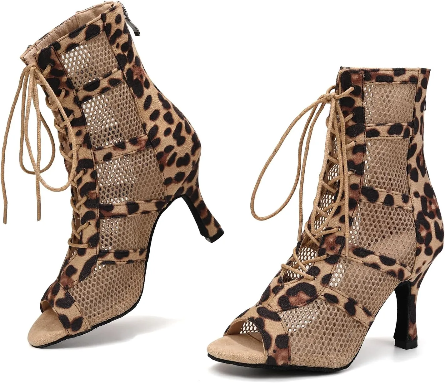 AOQUNFS Dance Heels for Women Mesh Ballroom Dance Booties Lace Up Dance Ankle Boots with Zipper