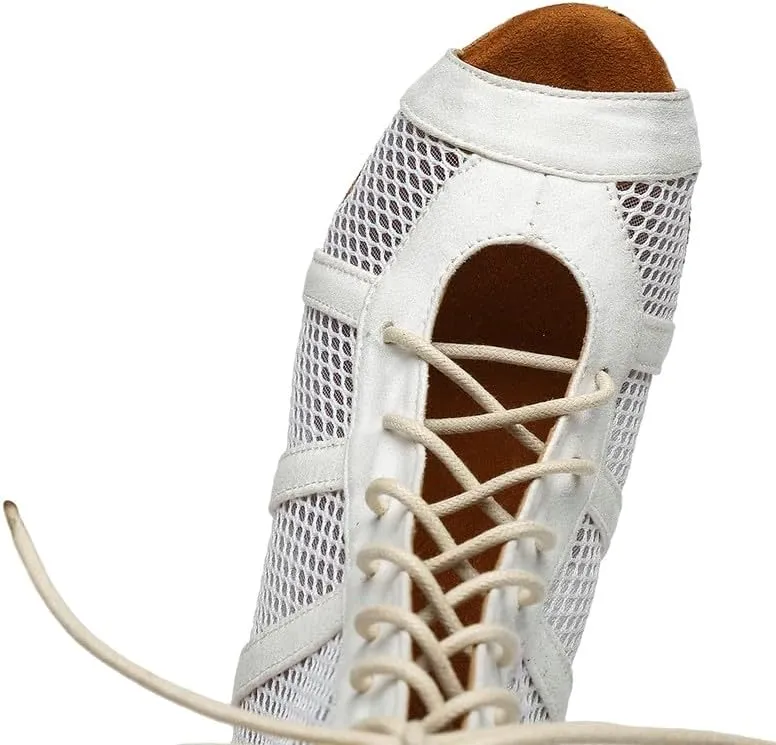 AOQUNFS Dance Heels for Women Mesh Ballroom Dance Booties Lace Up Dance Ankle Boots with Zipper
