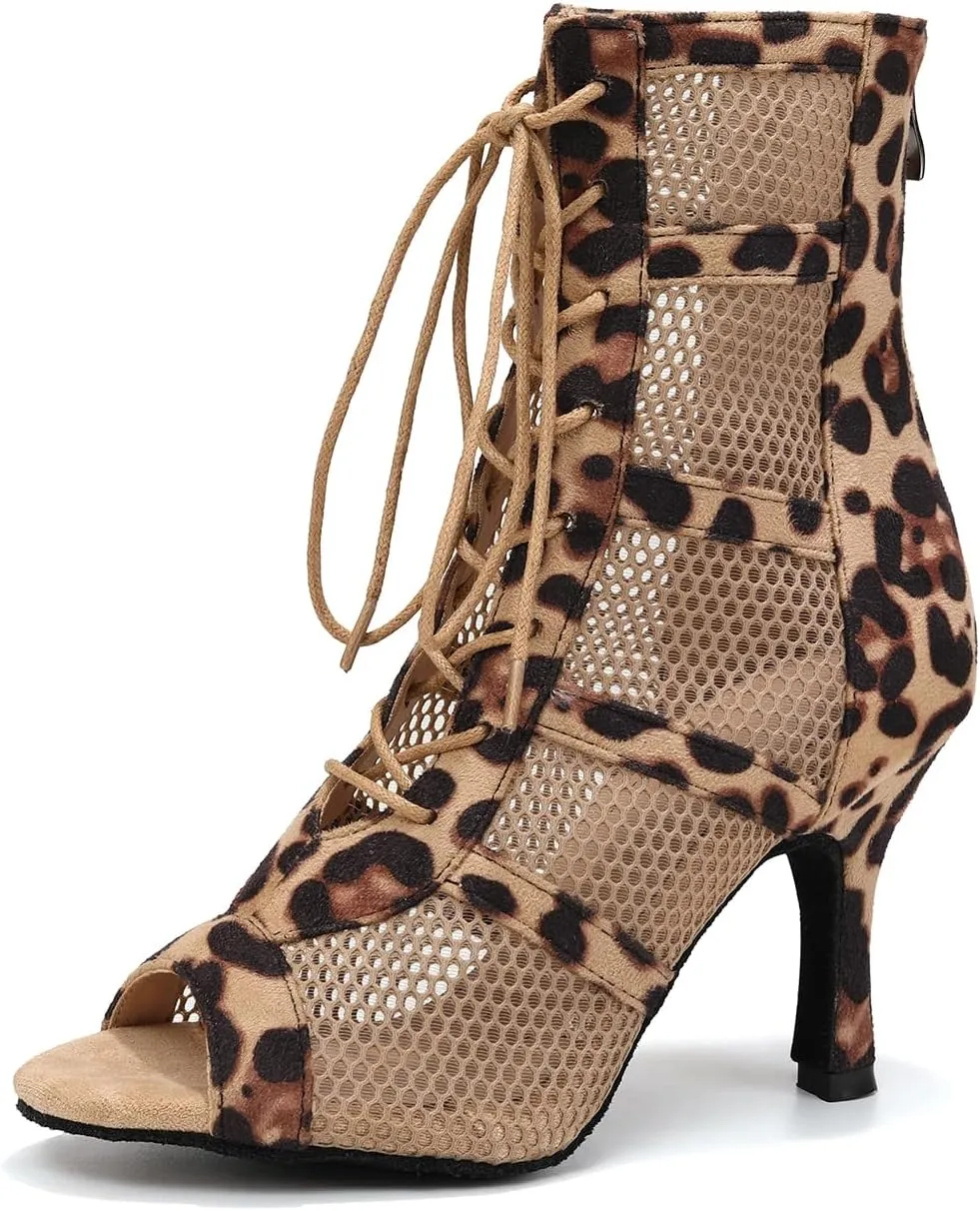 AOQUNFS Dance Heels for Women Mesh Ballroom Dance Booties Lace Up Dance Ankle Boots with Zipper
