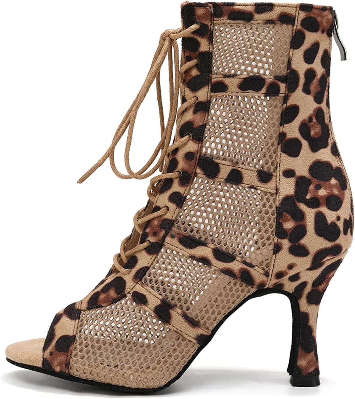 AOQUNFS Dance Heels for Women Mesh Ballroom Dance Booties Lace Up Dance Ankle Boots with Zipper
