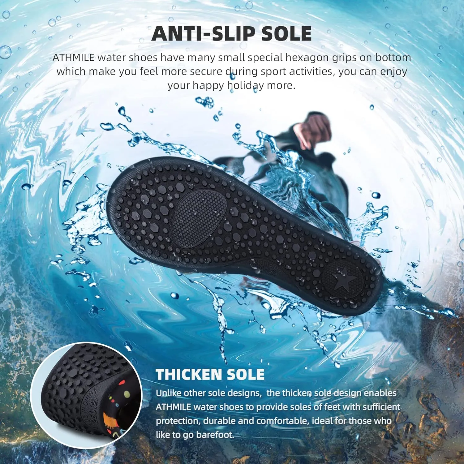 ATHMILE Water Shoes for Women Men Barefoot Quick-Dry Aqua Socks for Beach Swim Pool River Yoga Lake Surf Sport Shoes Cruise Essentials Swimming Size