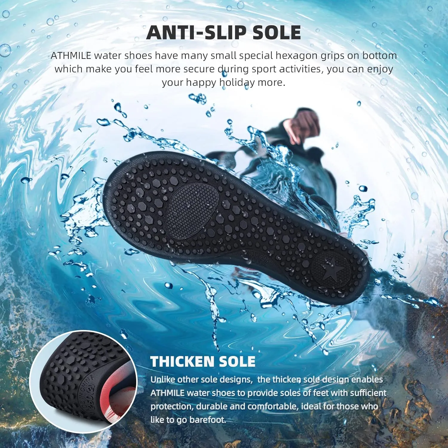 ATHMILE Water Shoes for Women Men Barefoot Quick-Dry Aqua Socks for Beach Swim Pool River Yoga Lake Surf Sport Shoes Cruise Essentials Swimming Size