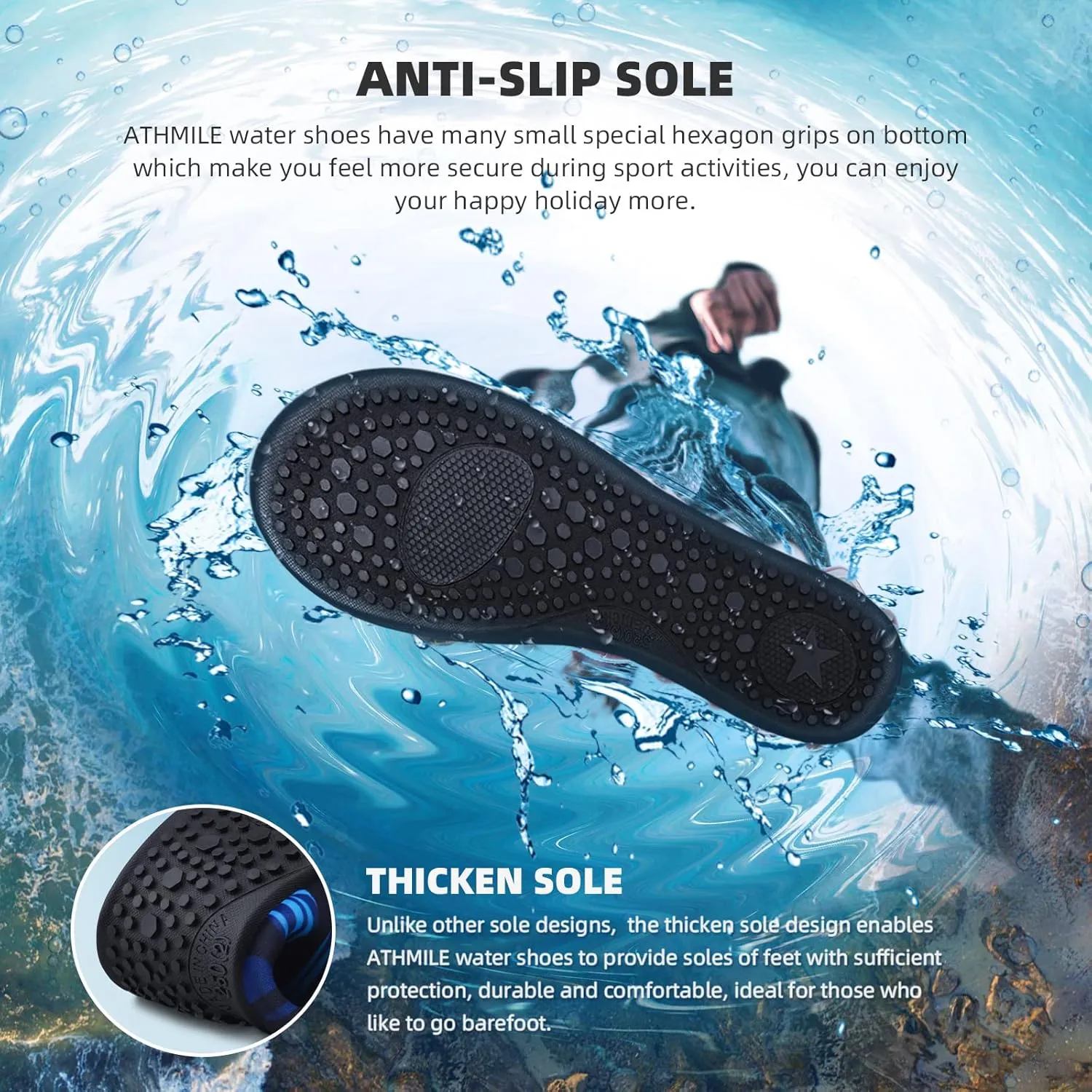ATHMILE Water Shoes for Women Men Barefoot Quick-Dry Aqua Socks for Beach Swim Pool River Yoga Lake Surf Sport Shoes Cruise Essentials Swimming Size