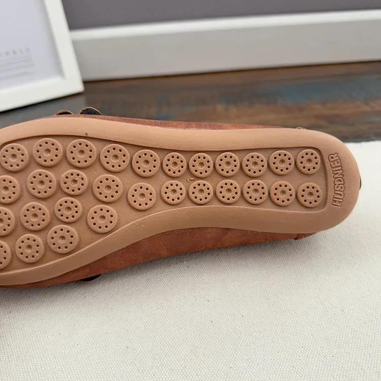 Babakud Women Spring Retro Leather Round Toe Floral Ballet Flats