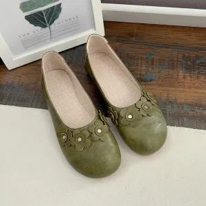 Babakud Women Spring Retro Leather Round Toe Floral Ballet Flats