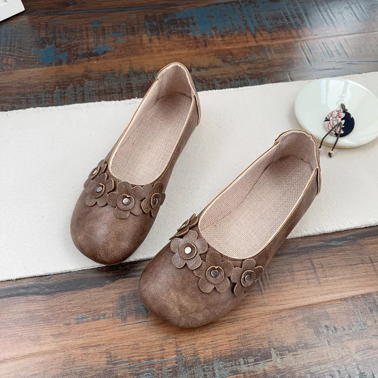 Babakud Women Spring Retro Leather Round Toe Floral Ballet Flats