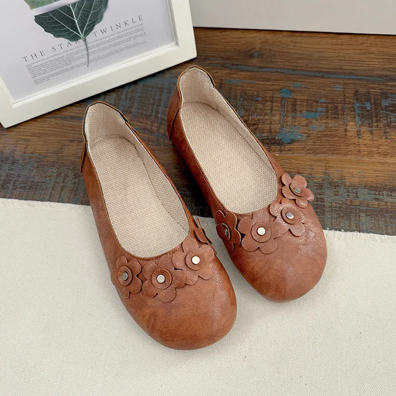 Babakud Women Spring Retro Leather Round Toe Floral Ballet Flats