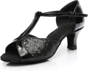 Ballroom Dance Shoes T-strap Suede Silk 2" Heels Latin Salsa Bachata Performance Dance Shoes for Woman and Teens Practice Performance