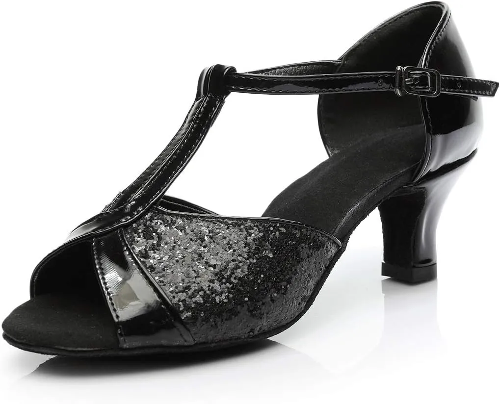 Ballroom Dance Shoes T-strap Suede Silk 2" Heels Latin Salsa Bachata Performance Dance Shoes for Woman and Teens Practice Performance
