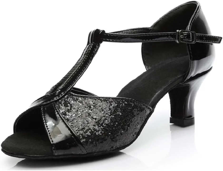Ballroom Dance Shoes T-strap Suede Silk 2" Heels Latin Salsa Bachata Performance Dance Shoes for Woman and Teens Practice Performance