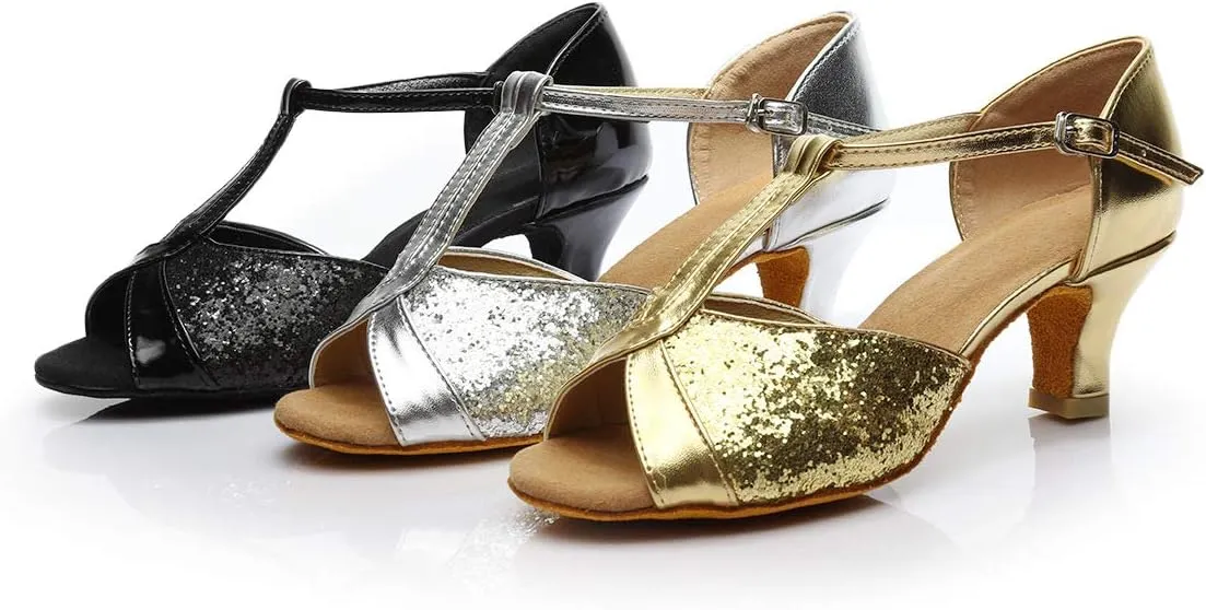 Ballroom Dance Shoes T-strap Suede Silk 2" Heels Latin Salsa Bachata Performance Dance Shoes for Woman and Teens Practice Performance