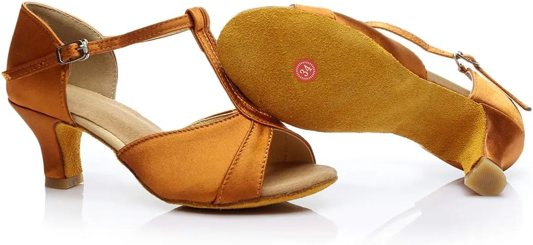Ballroom Dance Shoes T-strap Suede Silk 2" Heels Latin Salsa Bachata Performance Dance Shoes for Woman and Teens Practice Performance