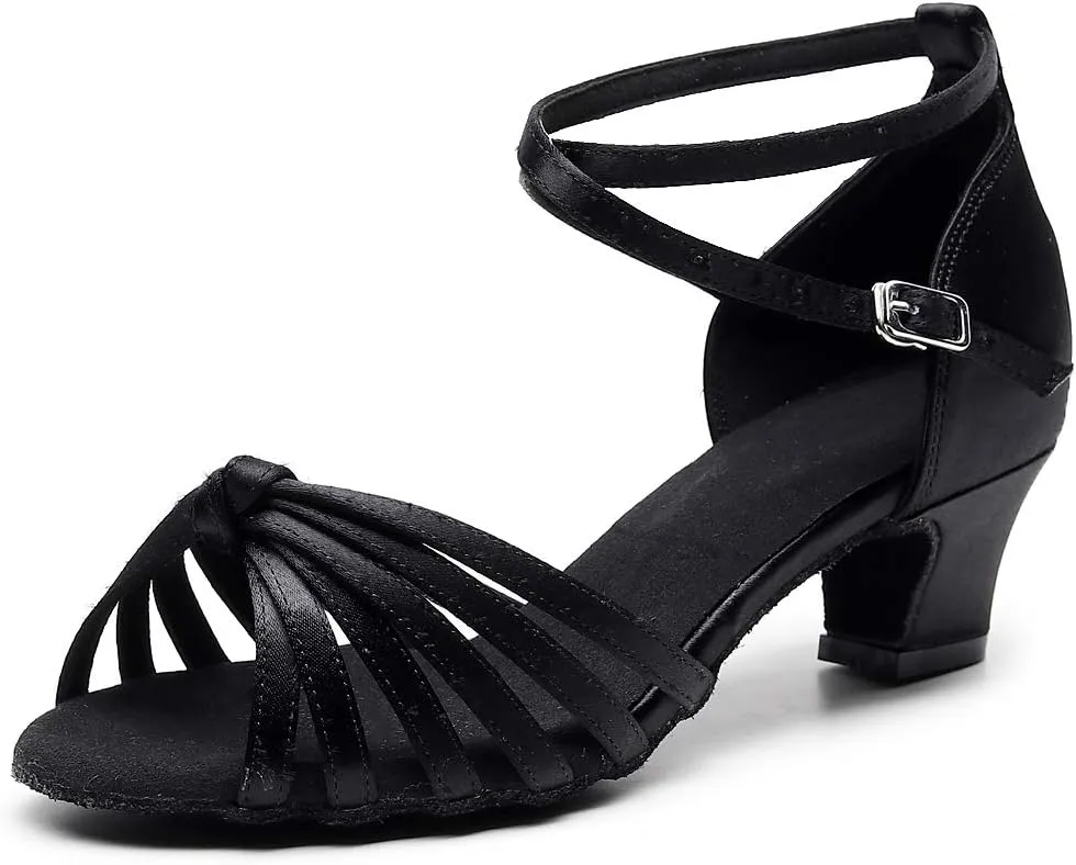 Ballroom Dance Shoes Women Latin Salsa Bachata Performance Dance Shoes Women Heel Sandals Suede Sole Wedding Dancing Shoes 2" Heel Black
