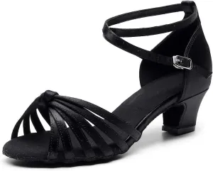Ballroom Dance Shoes Women Latin Salsa Bachata Performance Dance Shoes Women Heel Sandals Suede Sole Wedding Dancing Shoes 2" Heel Black