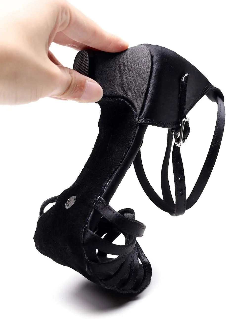 Ballroom Dance Shoes Women Latin Salsa Bachata Performance Dance Shoes Women Heel Sandals Suede Sole Wedding Dancing Shoes 2" Heel Black