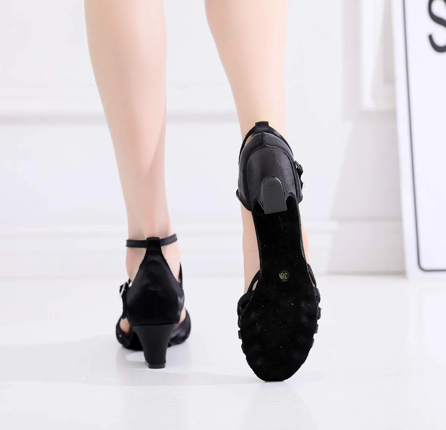 Ballroom Dance Shoes Women Latin Salsa Bachata Performance Dance Shoes Women Heel Sandals Suede Sole Wedding Dancing Shoes 2" Heel Black