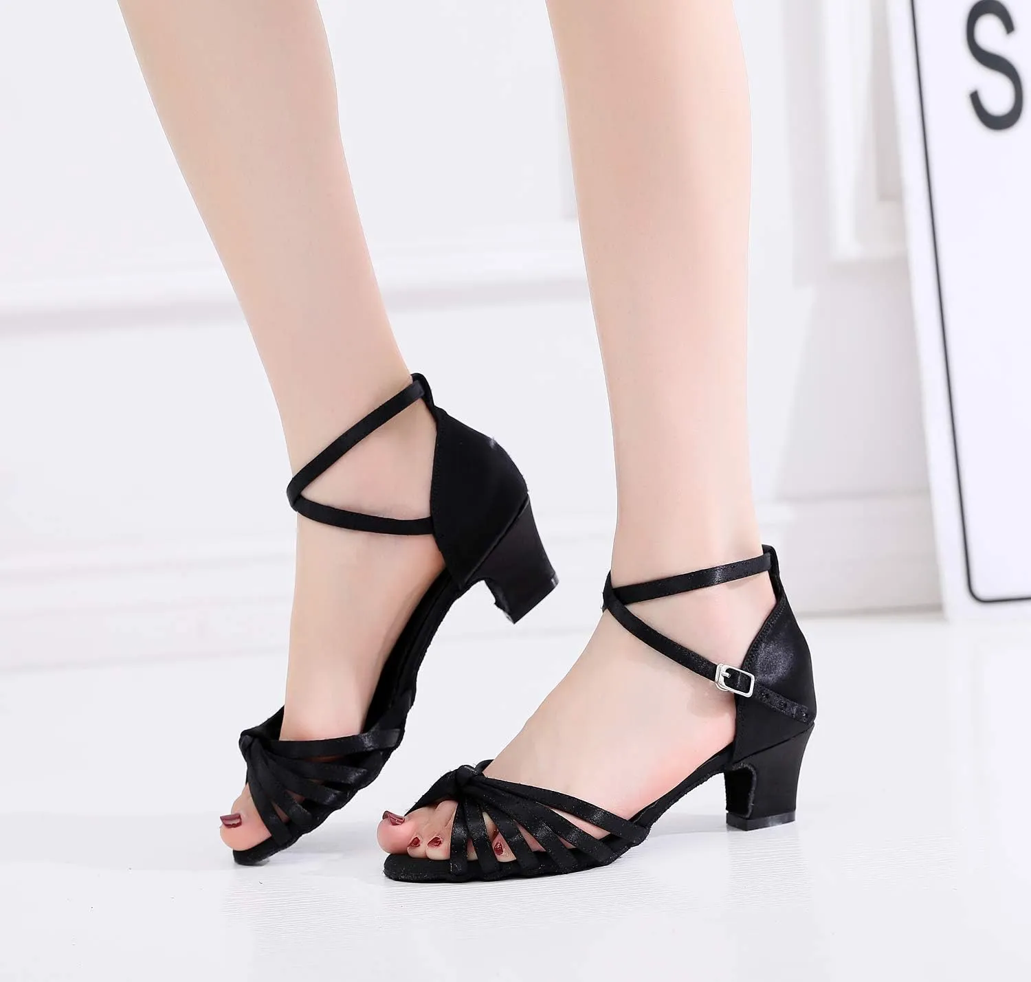 Ballroom Dance Shoes Women Latin Salsa Bachata Performance Dance Shoes Women Heel Sandals Suede Sole Wedding Dancing Shoes 2" Heel Black