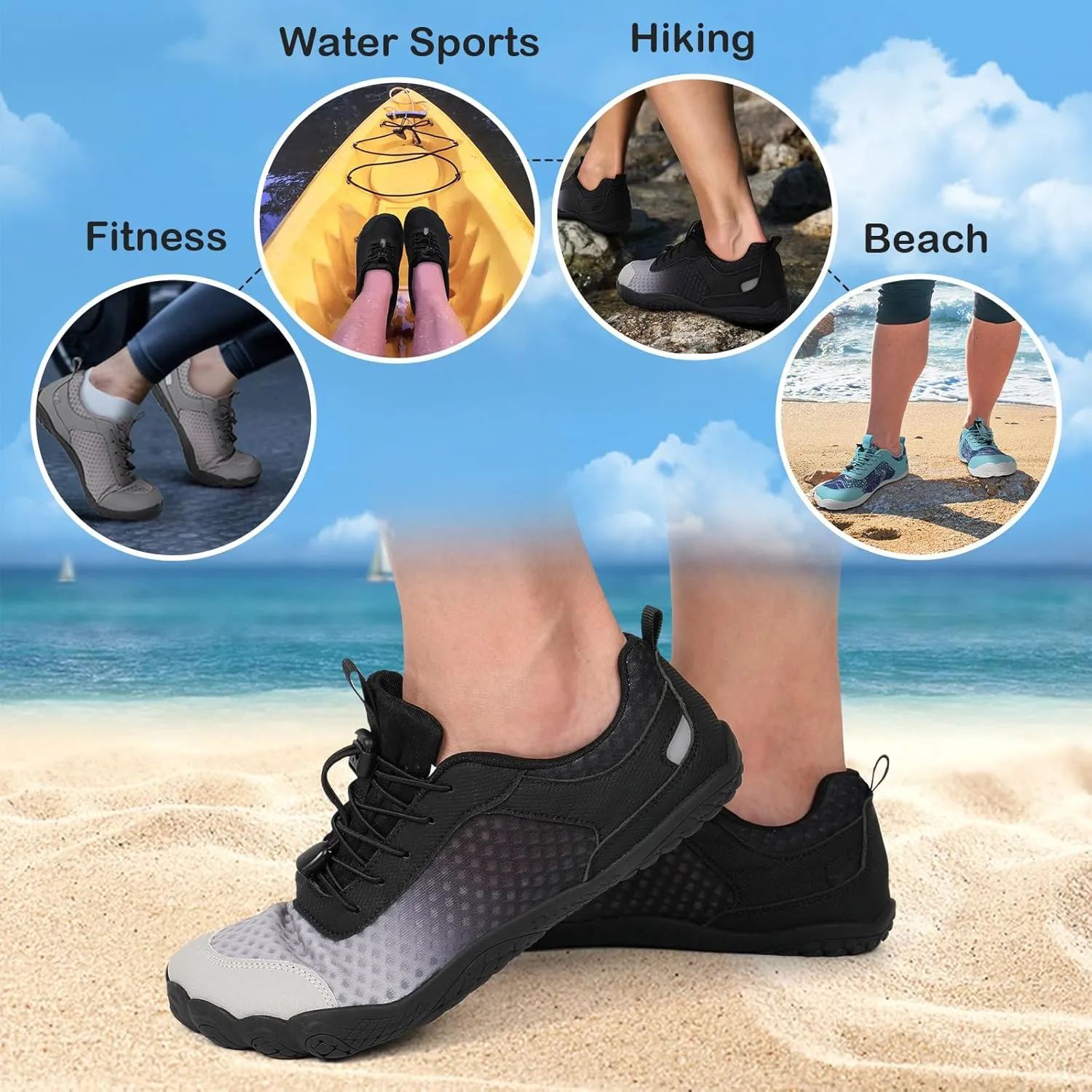 BARERUN Water Shoes Women Men Quick-Dry Wide Toe Athletic Hiking Water Sports Shoes Adjustable Zero Drop Barefoot Shoes for Beach Swim Kayaking Surfing Walking Training