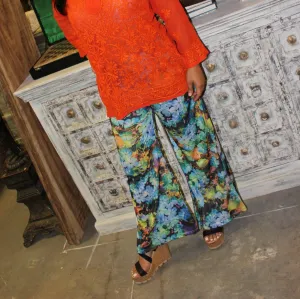 Boho Bell Bottoms Blue Floral Hippie Yoga SM