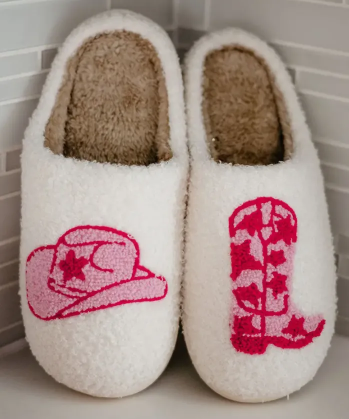 Boot & Cowgirl Slippers - White/Pink