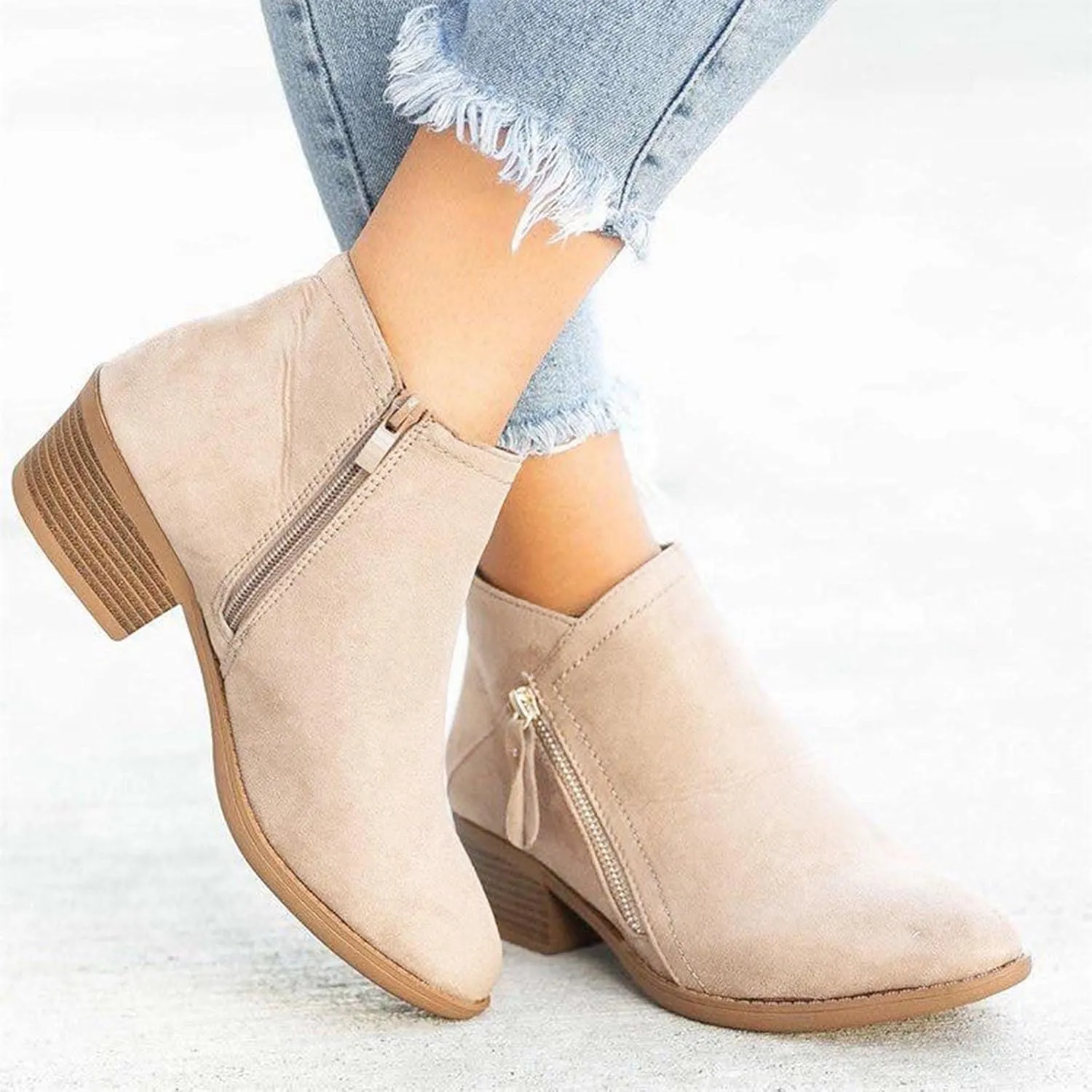 Boots for Women Ankle Booties 2022 Fall Fashion Side Zipper Pointed Toe Block Chunky Mid Heel Boots Solid Slip on Casual Comfy Ladies Shoes
