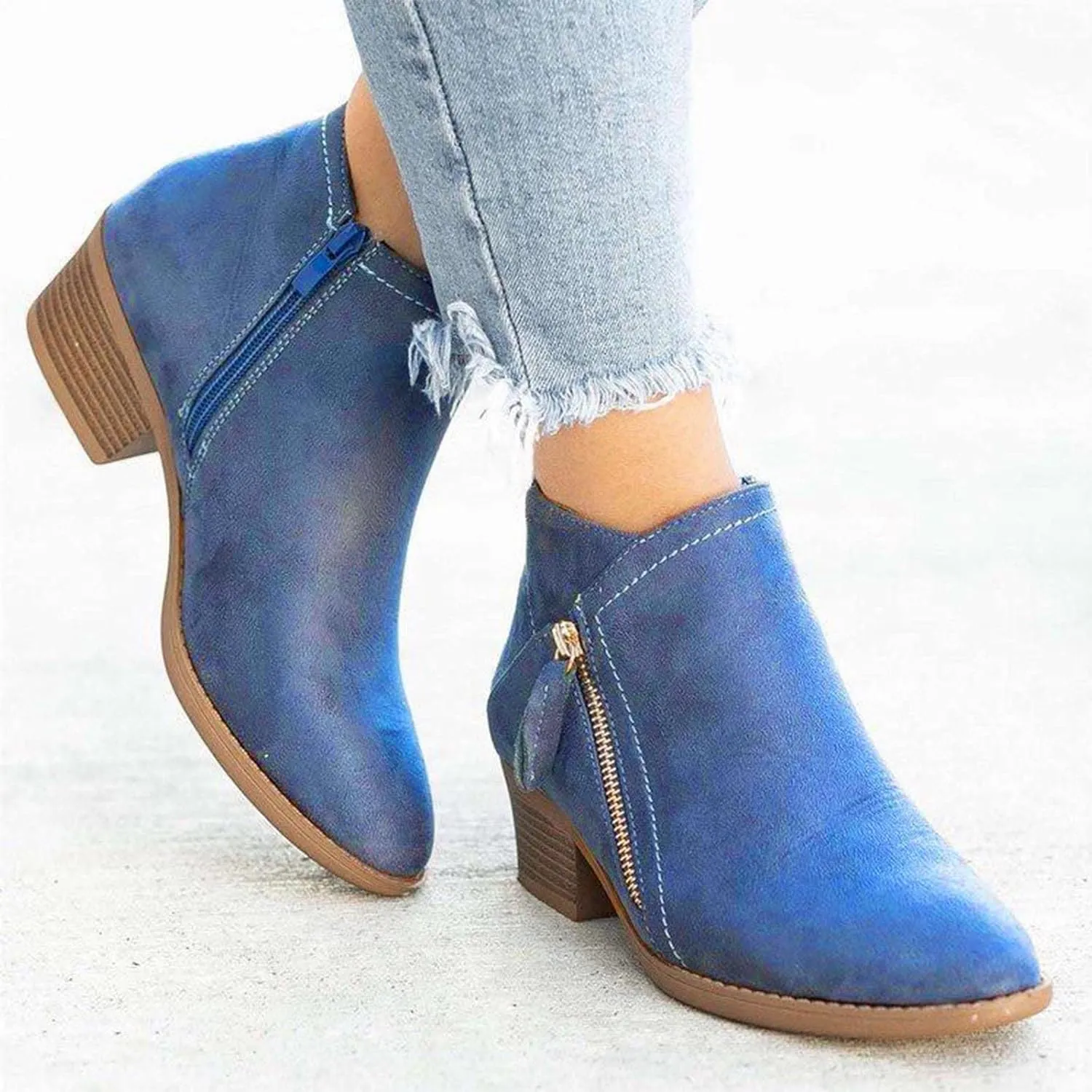 Boots for Women Ankle Booties 2022 Fall Fashion Side Zipper Pointed Toe Block Chunky Mid Heel Boots Solid Slip on Casual Comfy Ladies Shoes