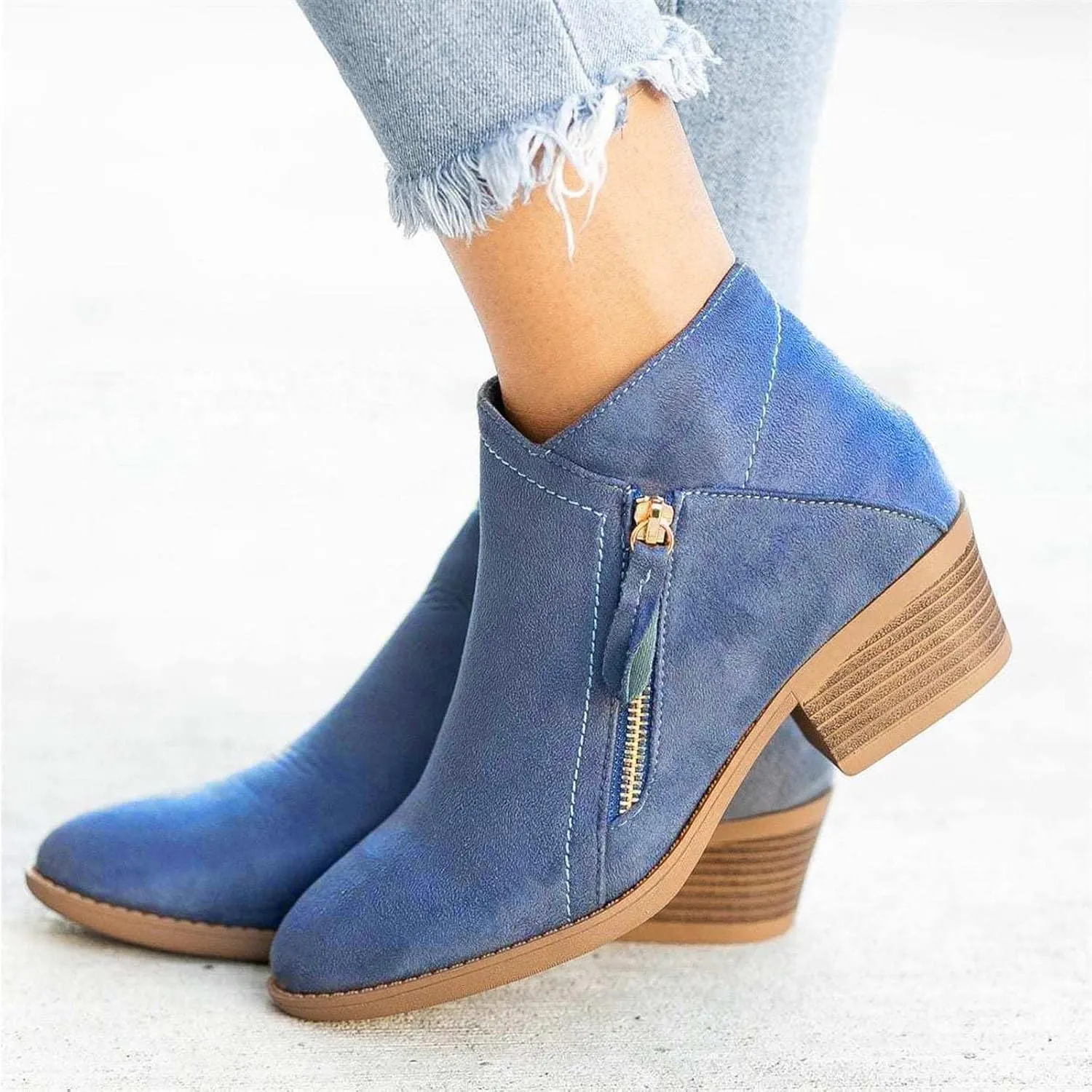 Boots for Women Ankle Booties 2022 Fall Fashion Side Zipper Pointed Toe Block Chunky Mid Heel Boots Solid Slip on Casual Comfy Ladies Shoes