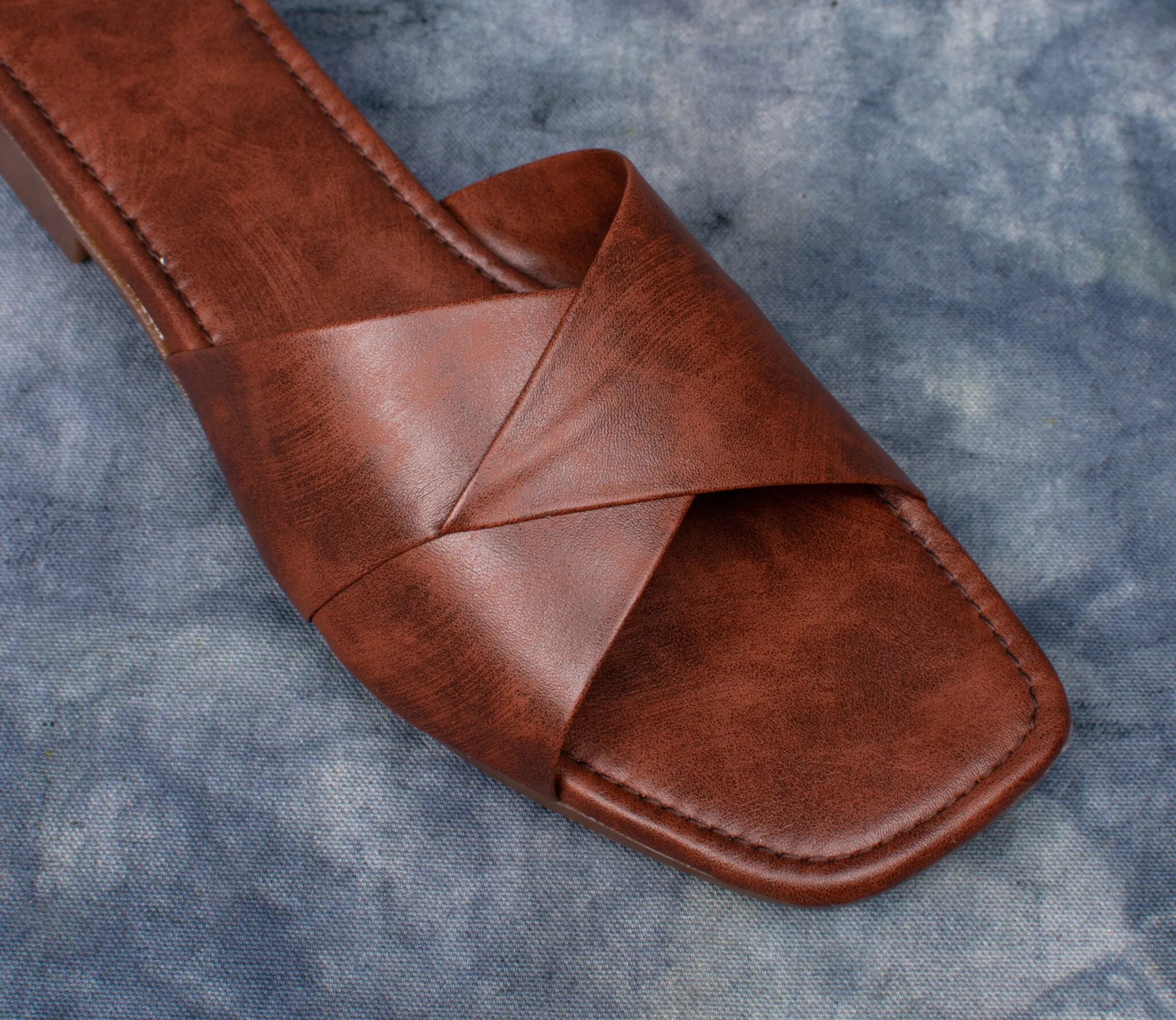 Brown Leather Cross-Strap Slide Sandals