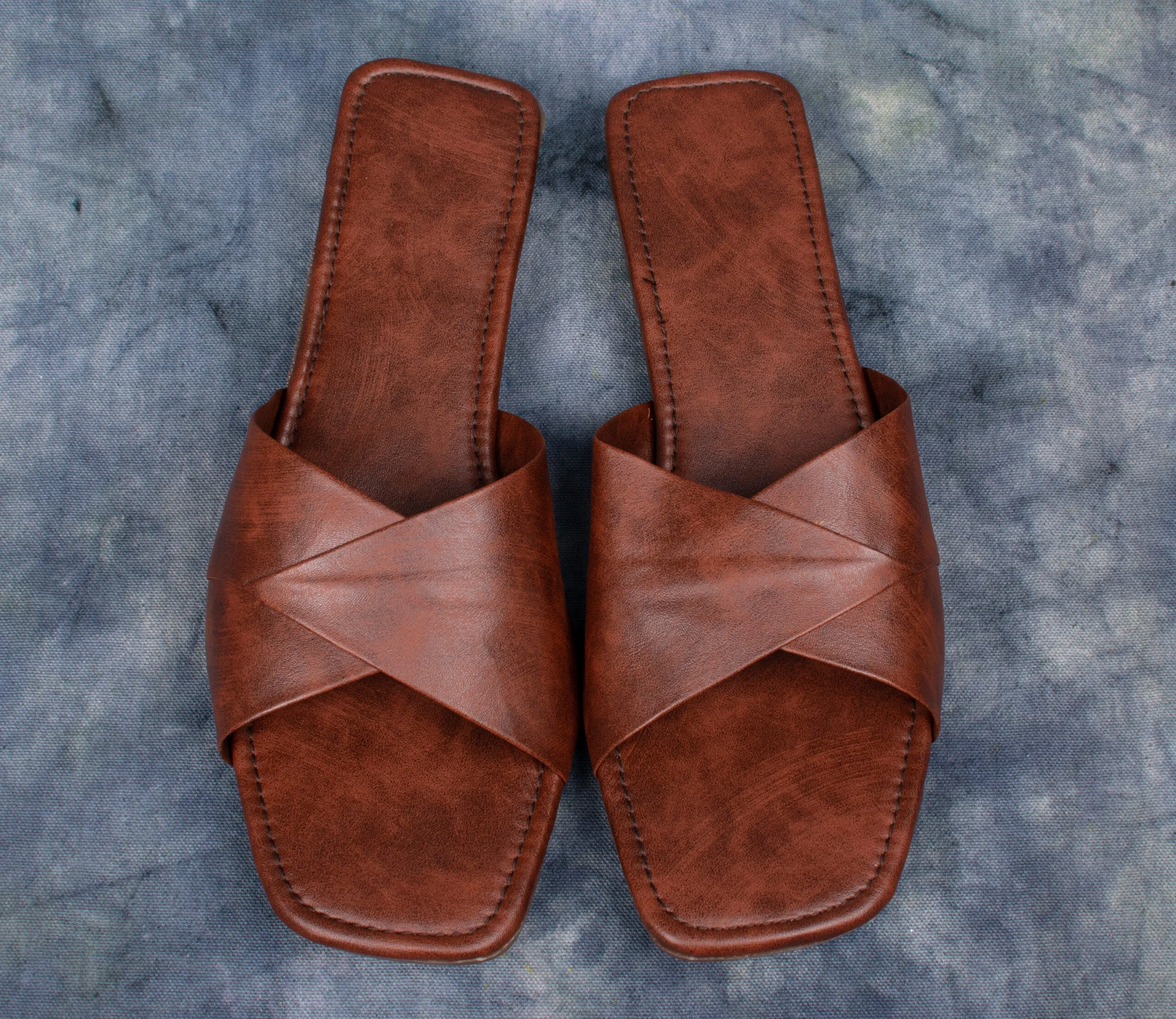 Brown Leather Cross-Strap Slide Sandals