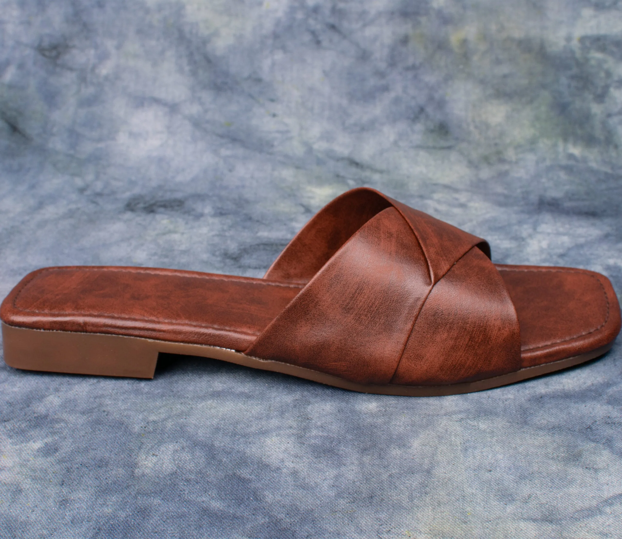 Brown Leather Cross-Strap Slide Sandals