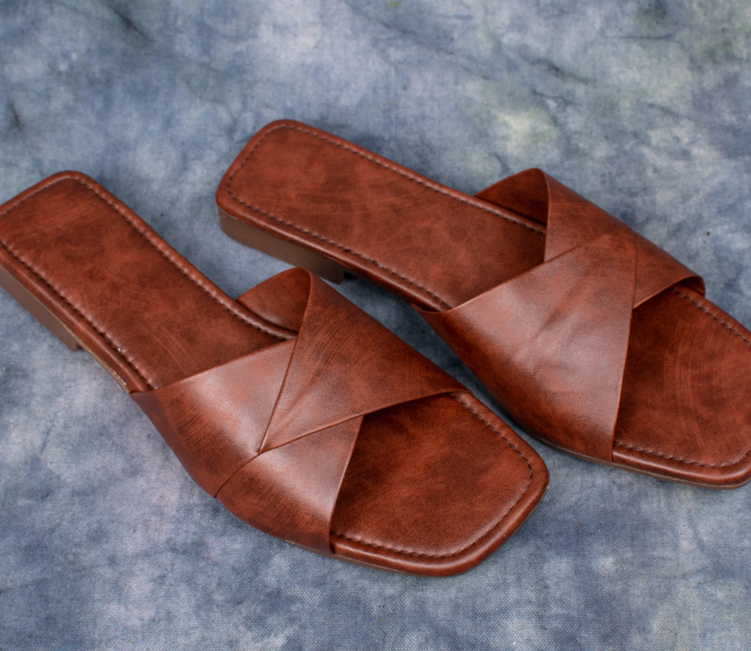 Brown Leather Cross-Strap Slide Sandals