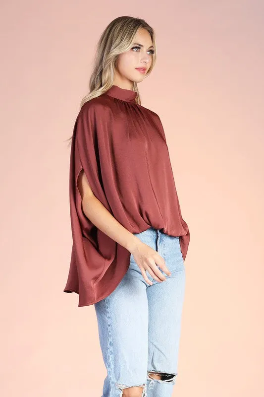 Brown Washed Poly Silk Mock Neck Caftan Top