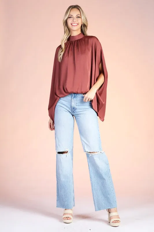Brown Washed Poly Silk Mock Neck Caftan Top