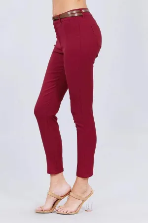 Burgundy Skinny Belted Long Pants