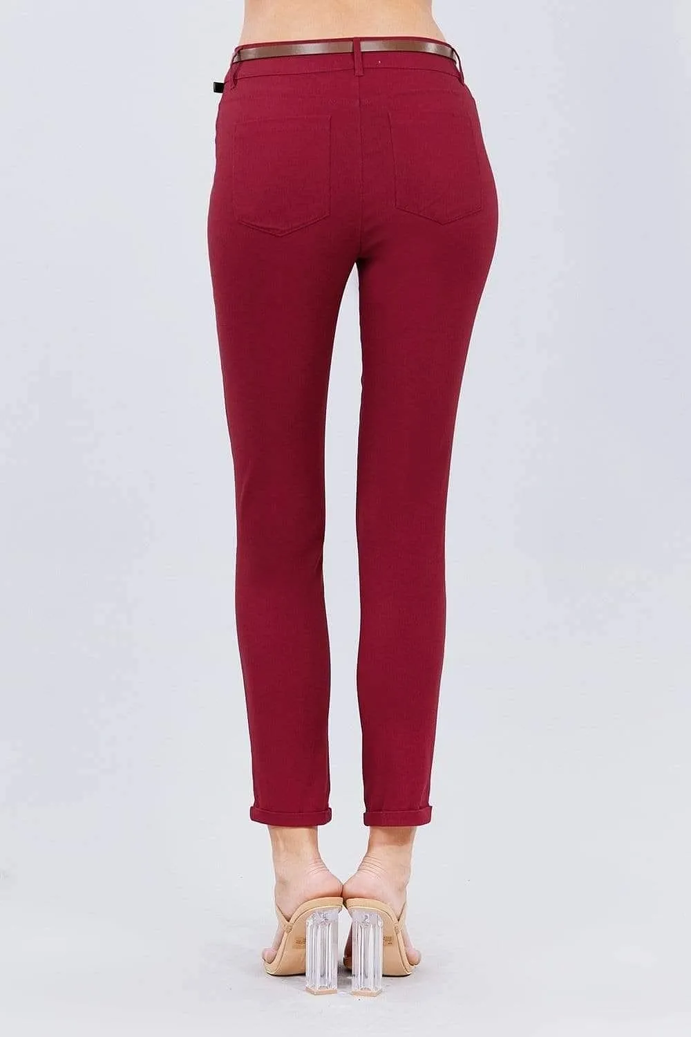 Burgundy Skinny Belted Long Pants