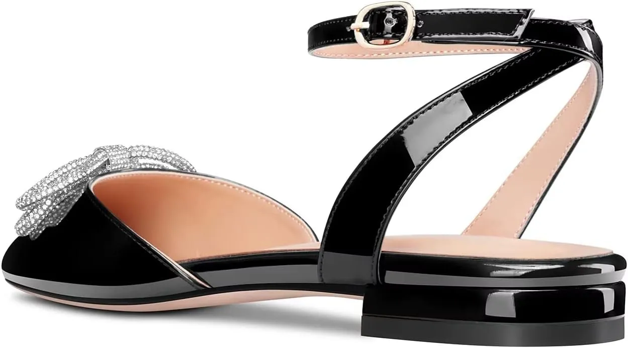 Castamere Women Low Heel Pointed Toe Ankle Strap Flats Shoes Pumps Rhinestone Crystal Prom Party 0.4 Inches Heels