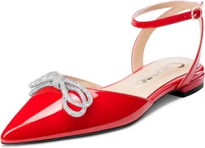Castamere Women Low Heel Pointed Toe Ankle Strap Flats Shoes Pumps Rhinestone Crystal Prom Party 0.4 Inches Heels