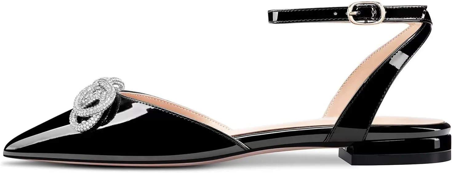 Castamere Women Low Heel Pointed Toe Ankle Strap Flats Shoes Pumps Rhinestone Crystal Prom Party 0.4 Inches Heels