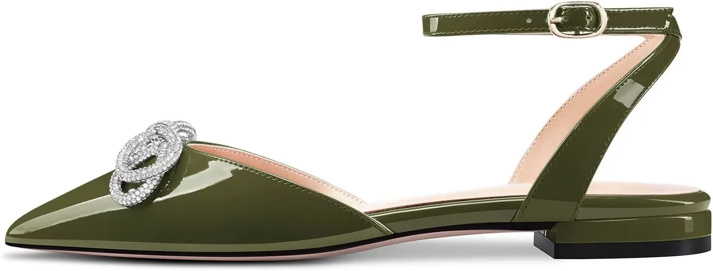 Castamere Women Low Heel Pointed Toe Ankle Strap Flats Shoes Pumps Rhinestone Crystal Prom Party 0.4 Inches Heels