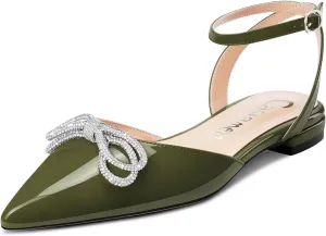 Castamere Women Low Heel Pointed Toe Ankle Strap Flats Shoes Pumps Rhinestone Crystal Prom Party 0.4 Inches Heels
