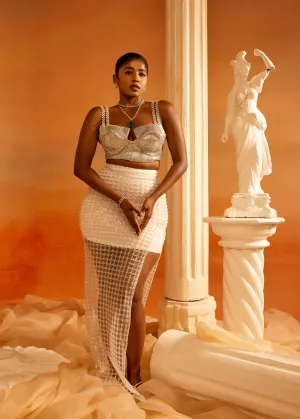 Cher & Cora Silver Metallic Crop Top   White Square Net Skirt with Side Slit
