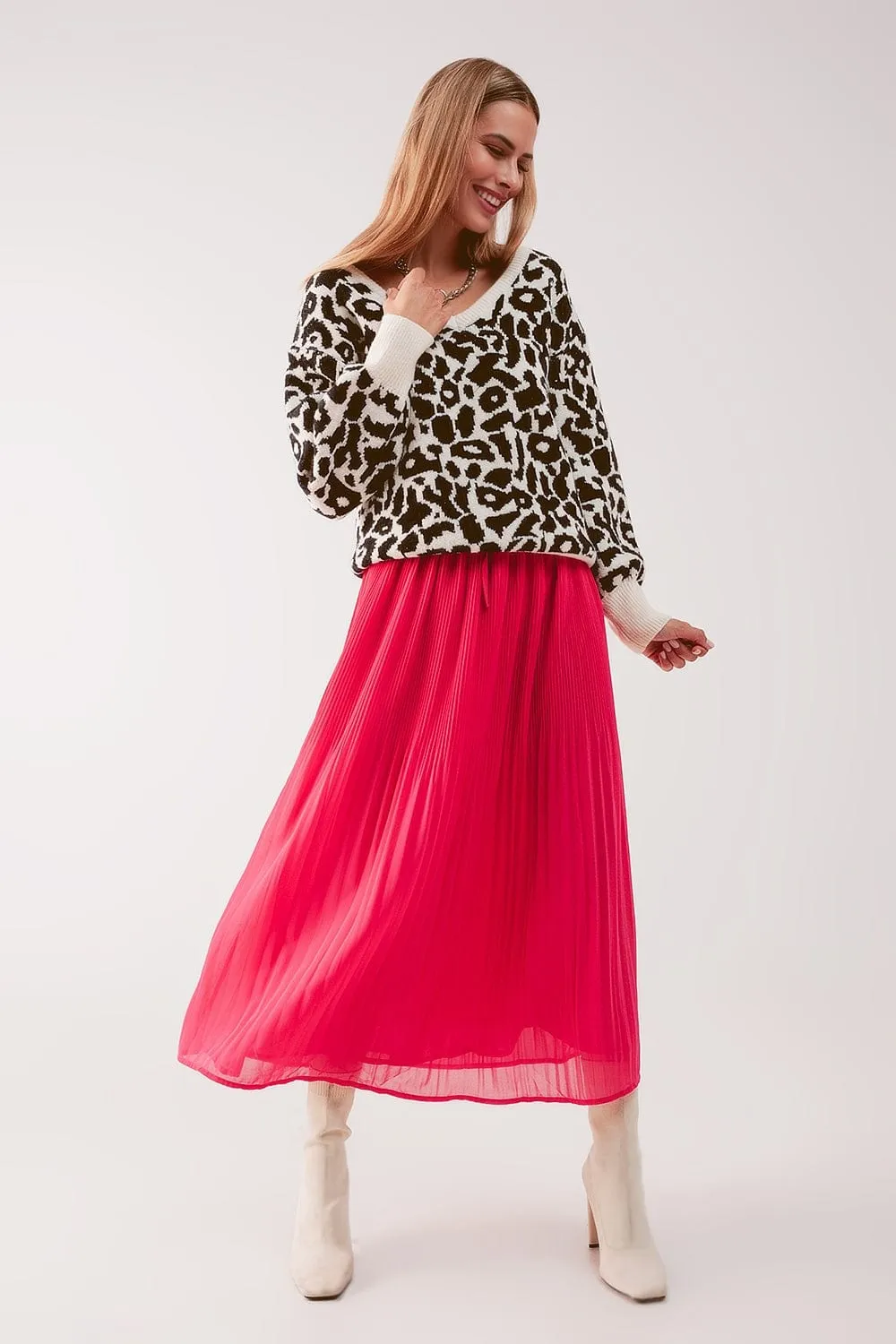 Chiffon Pleated Midi Skirt In Fuchsia