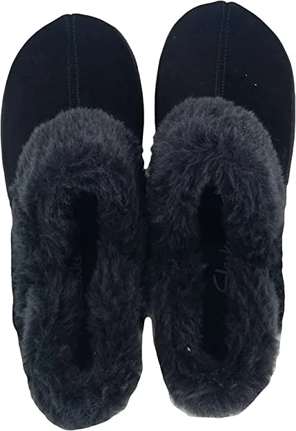 Clarks Black Suede Leather Faux Fur Lined Comfortable Rounded Toe Ankle Slippers